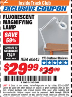 Harbor Freight ITC Coupon FLUORESCENT MAGNIFYING LAMP Lot No. 60643/66384/34018 Expired: 2/28/19 - $29.99