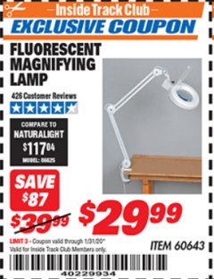 Harbor Freight ITC Coupon FLUORESCENT MAGNIFYING LAMP Lot No. 60643/66384/34018 Expired: 1/31/20 - $29.99