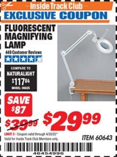 Harbor Freight ITC Coupon FLUORESCENT MAGNIFYING LAMP Lot No. 60643, 66384, 34018 Expired: 4/30/20 - $29.99