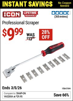 Harbor Freight Coupon ICON PROFESSIONAL SCRAPER Lot No. 57099 Valid Thru: 3/5/26 - $9.99