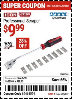 Harbor Freight Coupon ICON PROFESSIONAL SCRAPER Lot No. 57099 Valid Thru: 5/25/26 - $9.99