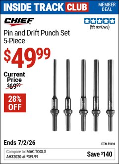 Harbor Freight Coupon CHIEF PIN AND DRIFT PUNCH SET, 5-PIECE Lot No. 59494 Valid: 12/31/69 - 7/2/26 - $49.99