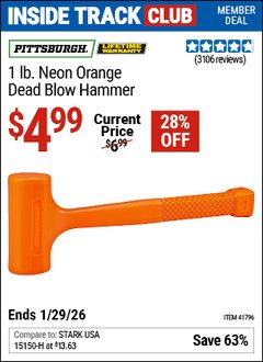Harbor Freight ITC Coupon PITTSBURGH 1 LB. NEON ORANGE DEAD BLOW HAMMER Lot No. 41796 Valid Thru: 1/29/26 - $4.99