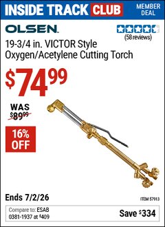 Harbor Freight Coupon OLSEN 19-3/4 IN. VICTOR STYLE OXYGEN/ACETYLENE CUTTING TORCH Lot No. 57913 Valid: 12/31/69 - 7/2/26 - $74.99