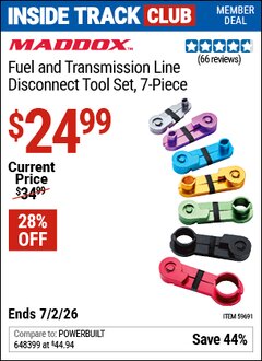 Harbor Freight ITC Coupon MADDOX FUEL AND TRANSMISSION LINE DISCONNECT TOOL SET, 7-PIECE Lot No. 59691 Dates Valid: 12/31/69 - 7/2/26 - $24.99