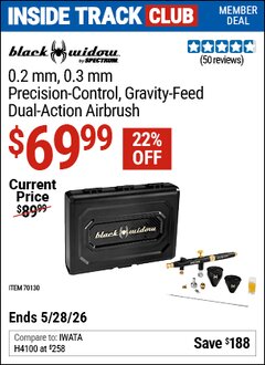 Harbor Freight Coupon BLACK WIDOW BY SPECTRUM 0.2 MM, 0.3 MM PRECISION-CONTROL, GRAVITY-FEED, DUAL-ACTION AIRBRUSH Lot No. 70130 Valid: 12/31/69 - 5/28/26 - $69.99