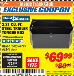 Harbor Freight ITC Coupon 2-1/4 CUBIC FT. STEEL TRAILER TONGUE BOX Lot No. 61602/66244 Expired: 2/29/20 - $69.99