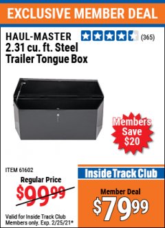 Harbor Freight ITC Coupon 2-1/4 CUBIC FT. STEEL TRAILER TONGUE BOX Lot No. 61602/66244 Expired: 2/25/21 - $79.99