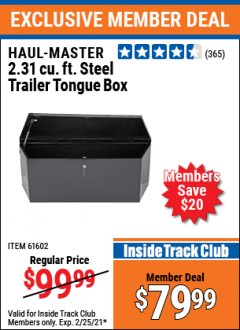 Harbor Freight ITC Coupon HAUL-MASTER 2.31 CU. FT. STEEL TRAILER TONGUE BOX Lot No. 61602/66244 Expired: 2/25/21 - $79.99