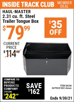 Harbor Freight ITC Coupon 2-1/4 CUBIC FT. STEEL TRAILER TONGUE BOX Lot No. 61602/66244 Expired: 9/30/21 - $79.99