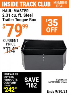 Harbor Freight ITC Coupon HAUL-MASTER 2.31 CU. FT. STEEL TRAILER TONGUE BOX Lot No. 61602/66244 Expired: 9/30/21 - $79.99