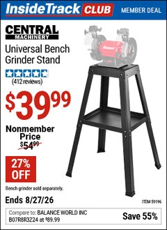 Harbor Freight ITC Coupon CENTRAL MACHINERY UNIVERSAL BENCH GRINDER STAND Lot No. 59196 Valid Thru: 8/27/26 - $39.99