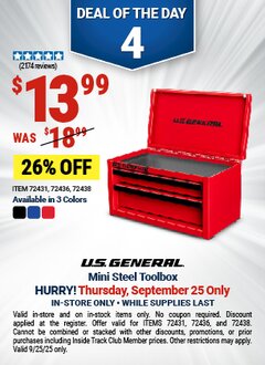 Harbor Freight Coupon U.S. GENERAL MINI STEEL TOOLBOX Lot No. 72438/72436/72431 Expired: 9/25/25 - $13.99