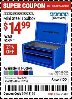 Harbor Freight Coupon U.S. GENERAL MINI STEEL TOOLBOX Lot No. 72438/72436/72431 Expired: 6/14/26 - $14.99