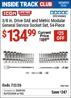 Harbor Freight Coupon ICON 3/8 IN. DRIVE SAE AND METRIC MODULAR GENERAL SERVICE SOCKET SET, 54-PIECE Lot No. 70469 Valid: 12/31/69 - 7/2/26 - $134.99