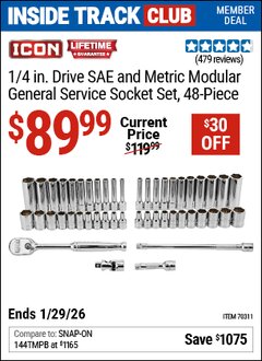Harbor Freight ITC Coupon ICON 1/4 IN. DRIVE SAE AND METRIC MODULAR GENERAL SERVICE SOCKET SET, 48-PIECE Lot No. 70311 Valid Thru: 1/29/26 - $89.99