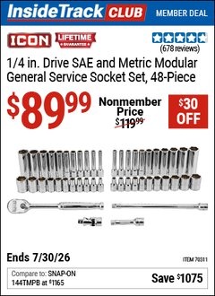 Harbor Freight ITC Coupon ICON 1/4 IN. DRIVE SAE AND METRIC MODULAR GENERAL SERVICE SOCKET SET, 48-PIECE Lot No. 70311 Valid Thru: 7/30/26 - $89.99