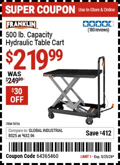 Harbor Freight Coupon FRANKLIN 500 LB. CAPACITY HYDRAULIC TABLE CART Lot No. 70726 Valid Thru: 5/25/26 - $219.99