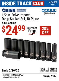 Harbor Freight Coupon QUINN 1/2 IN. DRIVE IMPACT DEEP SOCKET SET, 10-PIECE Lot No. 70088/70693 Valid: 12/31/69 - 2/26/26 - $24.99