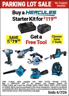 Harbor Freight Free Coupon HERCULES 20V 5 AH LITHIUM-ION BATTERY AND 4 AMP CHARGER STARTER KIT Lot No. 71262 EXPIRES: 6/7/26 - FWP
