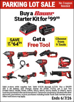 Harbor Freight Free Coupon BAUER 20V 5 AH LITHIUM-ION BATTERY AND CHARGER STARTER KIT Lot No. 71272 EXPIRES: 6/7/26 - FWP