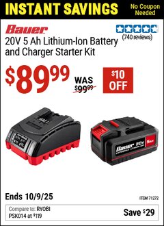 Harbor Freight Coupon BAUER 20V 5 AH LITHIUM-ION BATTERY AND CHARGER STARTER KIT Lot No. 71272 EXPIRES: 10/9/25 - $89.99