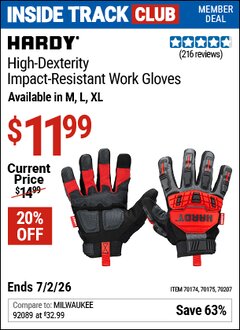 Harbor Freight Coupon HARDY HIGH-DEXTERITY IMPACT-RESISTANT WORK GLOVES Lot No. 70174/70175/70207 Valid: 12/31/69 - 7/2/26 - $11.99