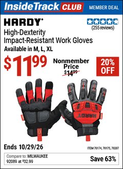 Harbor Freight ITC Coupon HARDY HIGH-DEXTERITY IMPACT-RESISTANT WORK GLOVES Lot No. 70174/70175/70207 Valid Thru: 10/29/26 - $11.99