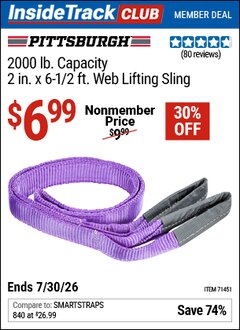 Harbor Freight ITC Coupon PITTSBURGH 2 IN. X 6-1/2 FT., 2000 LB. CAPACITY WEB LIFTING SLING, PURPLE Lot No. 71451 Valid Thru: 7/30/26 - $6.99