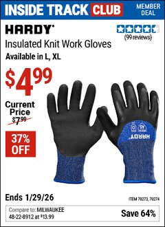 Harbor Freight ITC Coupon HARDY INSULATED KNIT WORK GLOVES Lot No. 70273/70274 Valid Thru: 1/29/26 - $4.99