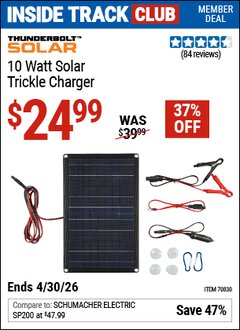 Harbor Freight Coupon THUNDERBOLT SOLAR 10 WATT SOLAR TRICKLE CHARGER Lot No. 70830 Valid: 12/31/69 - 4/30/26 - $24.99