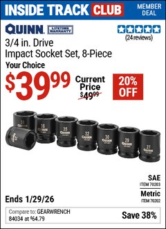 Harbor Freight ITC Coupon QUINN 3/4 IN. DRIVE IMPACT SOCKET SET, 8-PIECE Lot No. 70203/70202 Valid Thru: 1/29/26 - $39.99
