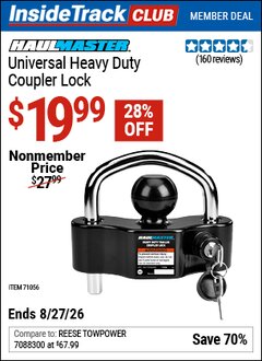 Harbor Freight ITC Coupon HAUL-MASTER UNIVERSAL HEAVY DUTY COUPLER LOCK Lot No. 71056 Valid Thru: 8/27/26 - $19.99