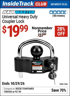 Harbor Freight ITC Coupon HAUL-MASTER UNIVERSAL HEAVY DUTY COUPLER LOCK Lot No. 71056 Valid Thru: 10/29/26 - $19.99