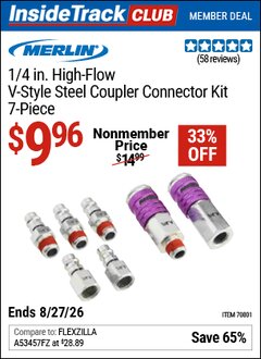 Harbor Freight ITC Coupon MERLIN 1/4 IN. HIGH-FLOW V-STYLE STEEL COUPLER CONNECTOR KIT, 7-PIECE Lot No. 70801 Valid Thru: 8/27/26 - $9.96