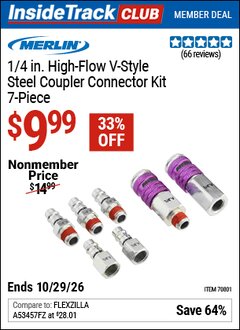 Harbor Freight ITC Coupon MERLIN 1/4 IN. HIGH-FLOW V-STYLE STEEL COUPLER CONNECTOR KIT, 7-PIECE Lot No. 70801 Valid Thru: 10/29/26 - $9.99