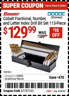 Harbor Freight Coupon BAUER COBALT FRACTIONAL, NUMBER, AND LETTER INDEX DRILL BIT SET, 115-PIECE Lot No. 59816 Valid Thru: 8/30/26 - $129.99