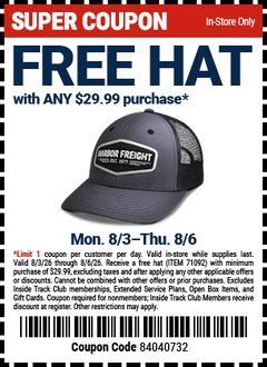 Harbor Freight FREE Coupon HARBOR FREIGHT HAT Lot No. 71029 Expired: 8/6/26 - FWP