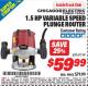 Harbor Freight ITC Coupon 1.5 HP VARIABLE SPEED PLUNGE ROUTER Lot No. 67119 Expired: 9/30/15 - $59.99