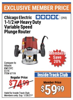 Harbor Freight ITC Coupon 1.5 HP VARIABLE SPEED PLUNGE ROUTER Lot No. 67119 Expired: 1/28/21 - $59.99