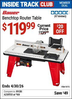 Harbor Freight Coupon BAUER BENCHTOP ROUTER TABLE Lot No. 70772 Valid: 12/31/69 - 4/30/26 - $119.99