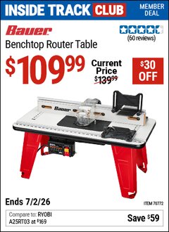 Harbor Freight ITC Coupon BAUER BENCHTOP ROUTER TABLE Lot No. 70772 Dates Valid: 12/31/69 - 7/2/26 - $109.99