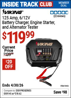 Harbor Freight Coupon VIKING 125 AMP, 6/12V BATTERY CHARGER, ENGINE STARTER, AND ALTERNATOR TESTER Lot No. 59453 Valid: 12/31/69 - 4/30/26 - $119.99