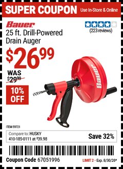 Harbor Freight Coupon BAUER 25 FT. DRILL-POWERED DRAIN AUGER Lot No. 59721 Valid Thru: 8/30/26 - $26.99