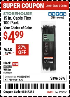 Harbor Freight Coupon STOREHOUSE 15 IN. CABLE TIES, 100-PACK Lot No. 56018/71148 Valid Thru: 5/25/26 - $4.99