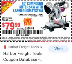 Harbor Freight Coupon 10 IN. COMPOUND MITER SAW WITH LASER GUIDE SYSTEM Lot No. 61973/69683 Expired: 8/16/20 - $79.99