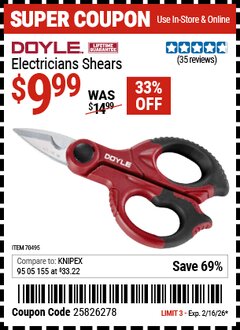 Harbor Freight Coupon DOYLE ELECTRICIANS SHEARS Lot No. 70495 Valid Thru: 2/16/26 - $9.99