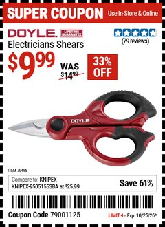 Harbor Freight Coupon DOYLE ELECTRICIANS SHEARS Lot No. 70495 Valid Thru: 10/25/26 - $9.99