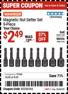 Harbor Freight Coupon WARRIOR MAGNETIC NUT SETTER SET, 9-PIECE Lot No. 71225/71226 Valid Thru: 10/26/25 - $2.49