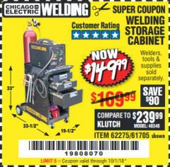 Harbor Freight Coupon WELDING STORAGE CABINET Lot No. 62275/61705 Expired: 10/1/18 - $149.99
